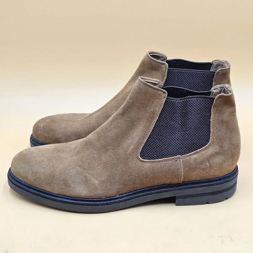 Mens Luxury Suede Chelsea Boots Taupe Brown Rugged Lug Sole Made In Italy Sz 45